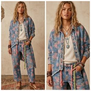 Oli & Hali Pink Rose Print Denim Jacket and Pants Set
